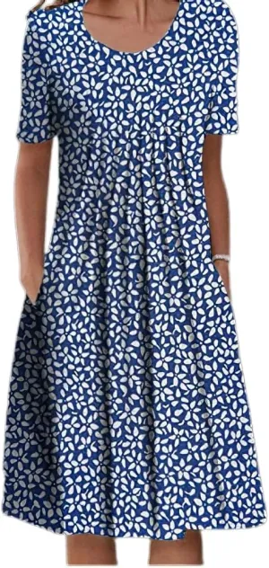 LOAIHA Women's Boho Floral Print Short Sleeve T Shirt Dress Summer Casual Loose Swing Tshirt Midi Dresses with Pockets