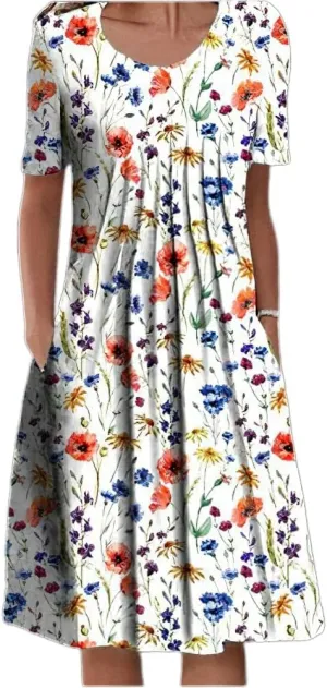 LOAIHA Women's Boho Floral Print Short Sleeve T Shirt Dress Summer Casual Loose Swing Tshirt Midi Dresses with Pockets