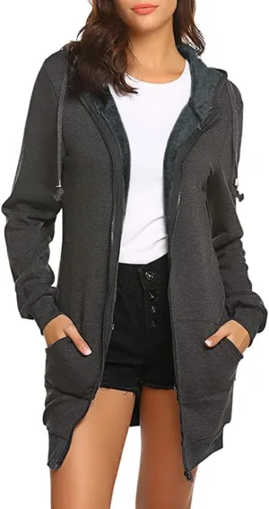 Locryz Women's Casual Pockets Zip Up Hoodies Fleece Tunic Sweatshirt Long Hoodie Jacket Coat