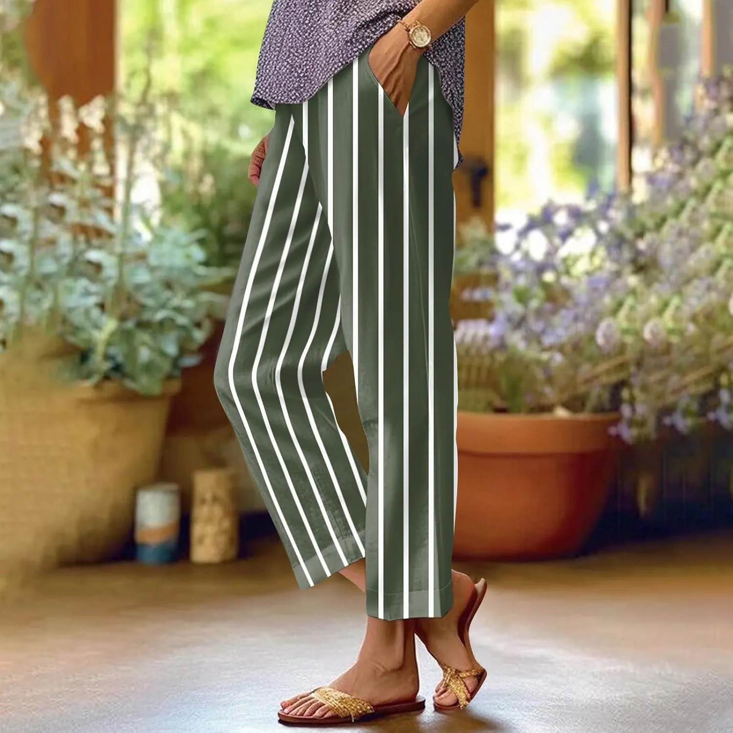 Lounge Pants Women Petite Linen Elastic Waisted Drawstring Pants with Pockets Solid Casual Summer Cropped Pants