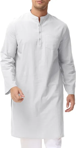 LVCBL Men's Kaftan Robe Long Sleeve Linen Thob Side Split Button Down Thobe Long Tunic Shirts