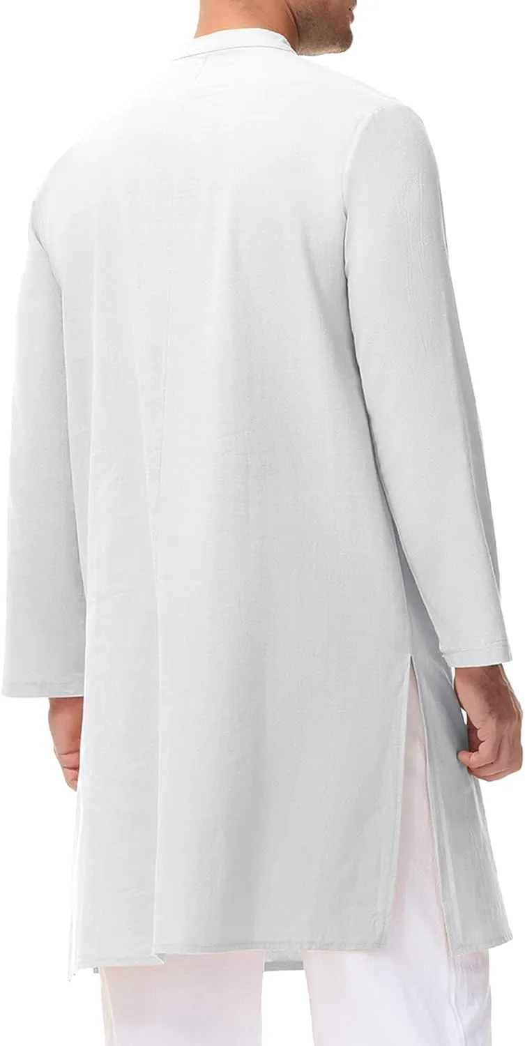 LVCBL Men's Kaftan Robe Long Sleeve Linen Thob Side Split Button Down Thobe Long Tunic Shirts