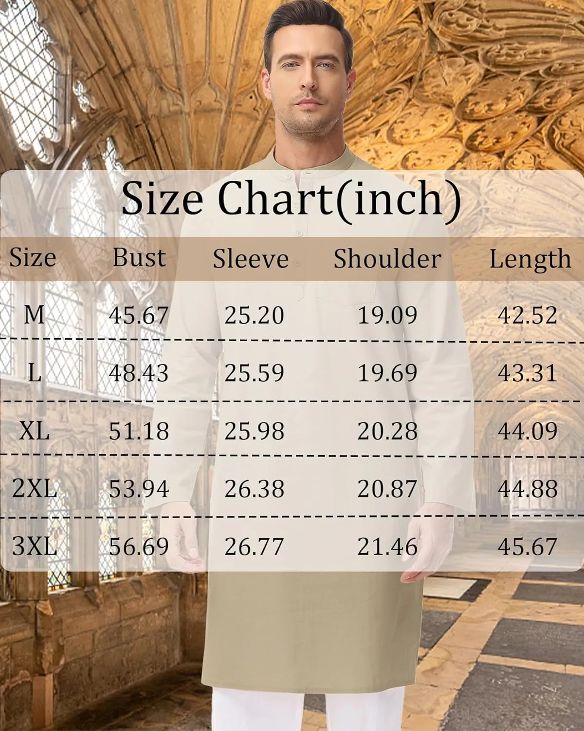 LVCBL Men's Kaftan Robe Long Sleeve Linen Thob Side Split Button Down Thobe Long Tunic Shirts