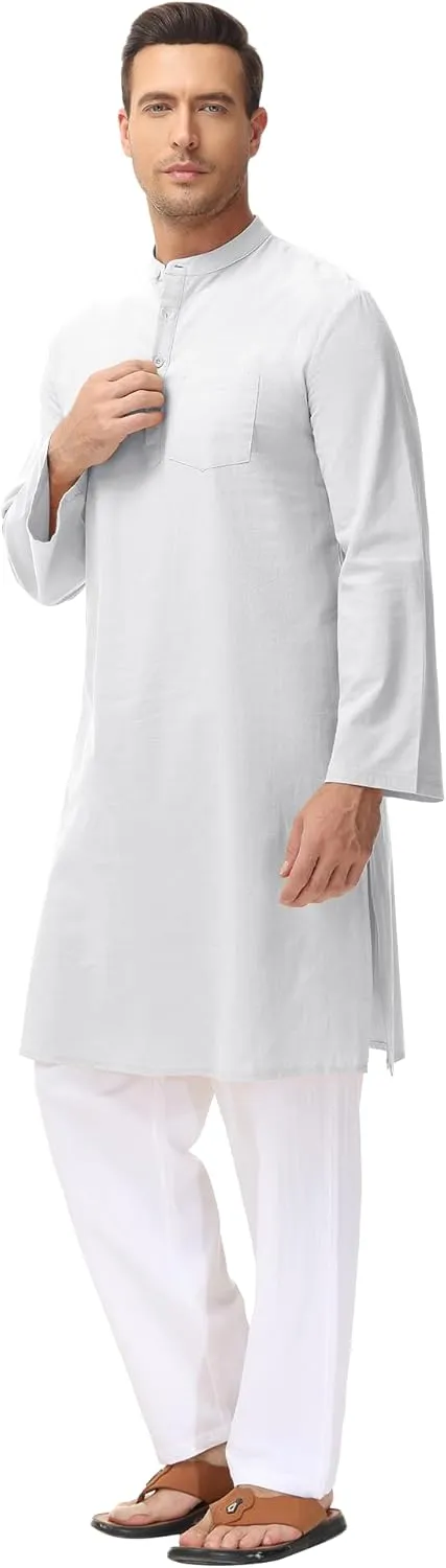 LVCBL Men's Kaftan Robe Long Sleeve Linen Thob Side Split Button Down Thobe Long Tunic Shirts