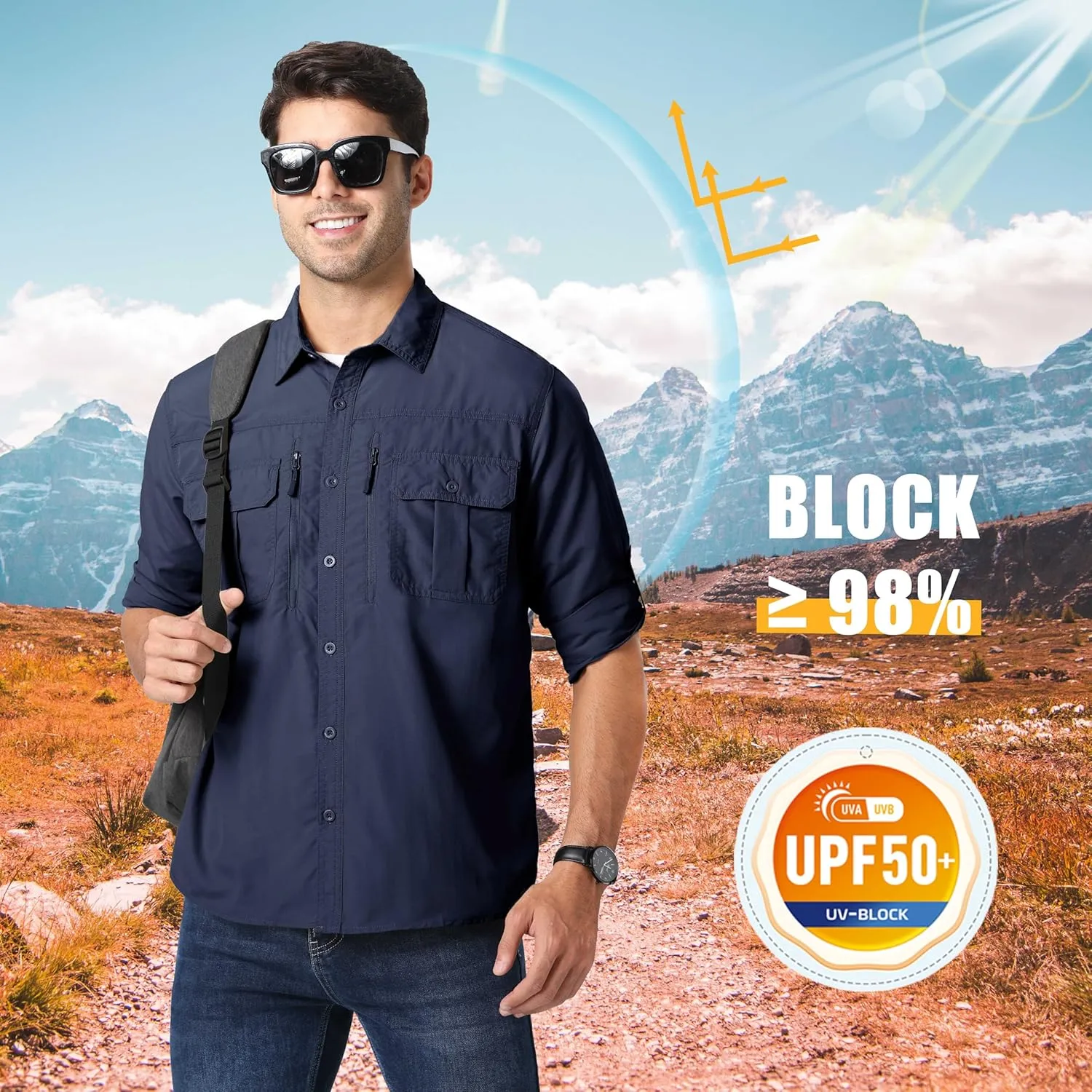 MAGCOMSEN Men's UPF 50  Sun Protection Shirts, Button Down Long Sleeve Shirt for Hiking, Fishing, Safari