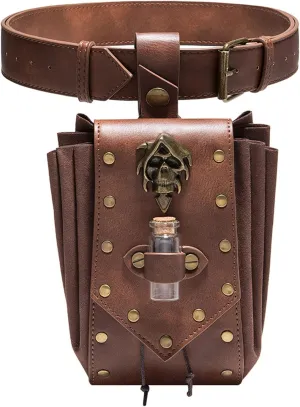 Medieval Leather Belt Pouch, Ren Faire Renaissance Accessories Dice Bag, Leisure Travel Coin Pouch, Cosplay Pirate Steampunk (Belt and Bag) Brown