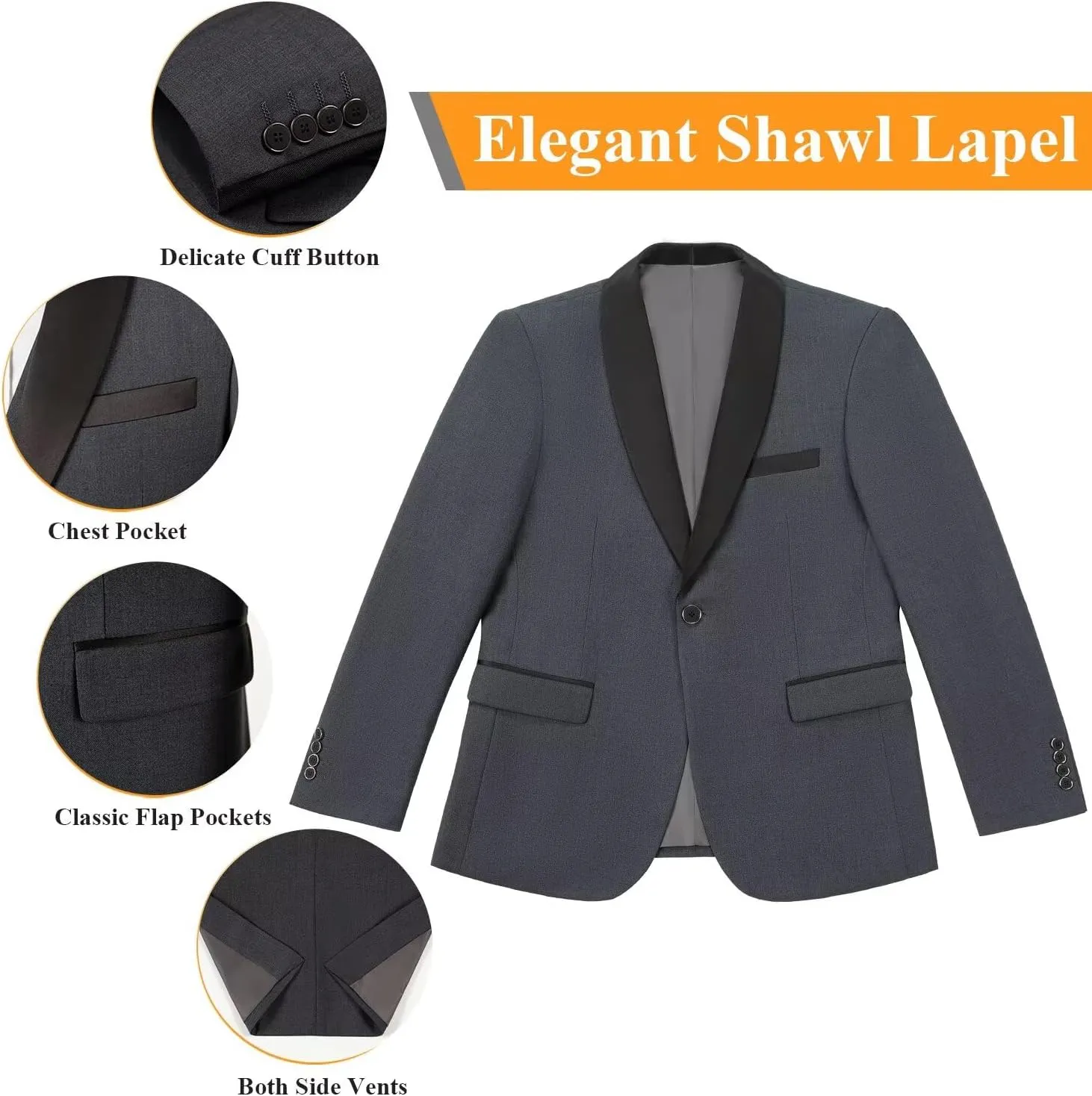 Men's 3 Piece Slim Fit Suit One Button Shawl Lapel Jacket Vest Pants Tuxedo Set with Bow Tie Pocket Square