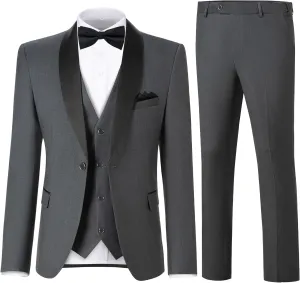 Men's 3 Piece Slim Fit Suit One Button Shawl Lapel Jacket Vest Pants Tuxedo Set with Bow Tie Pocket Square