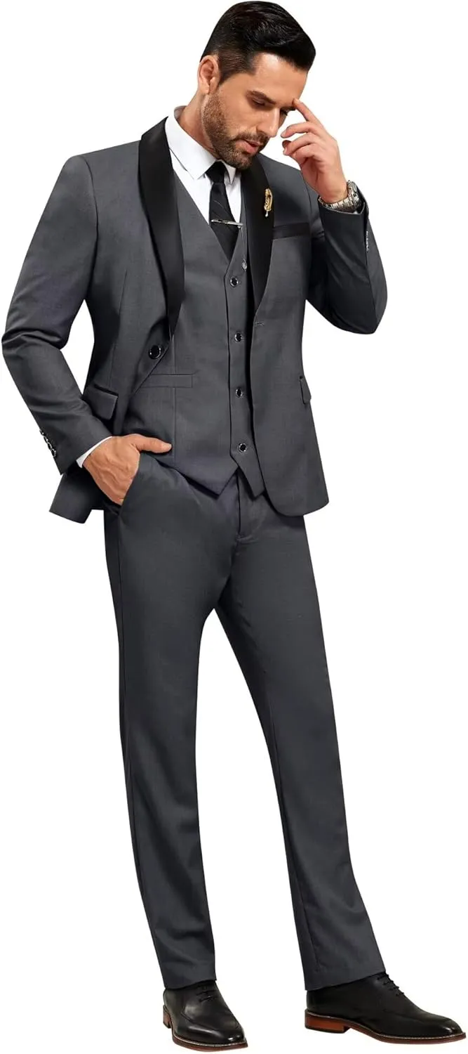 Men's 3 Piece Slim Fit Suit One Button Shawl Lapel Jacket Vest Pants Tuxedo Set with Bow Tie Pocket Square