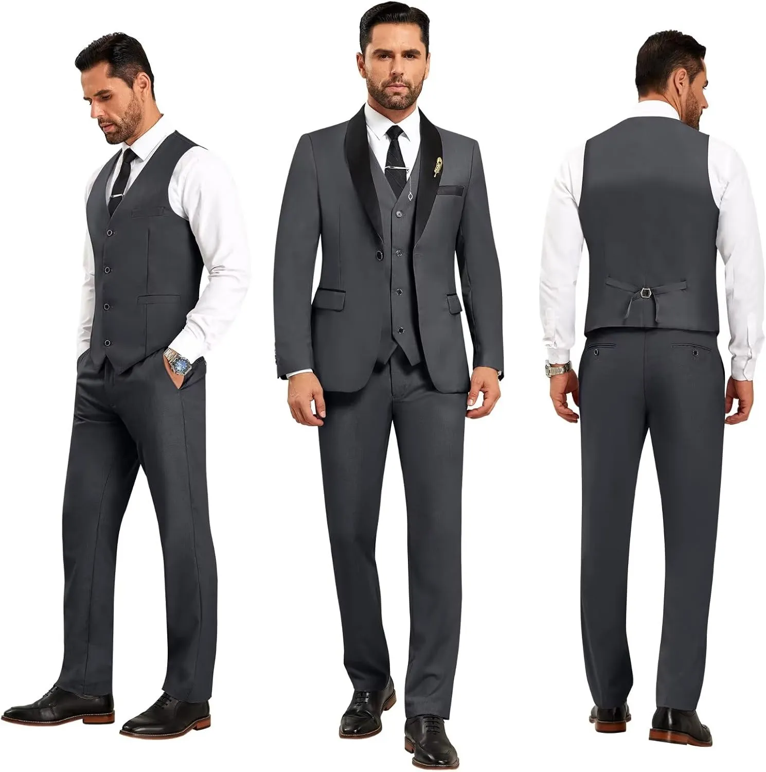 Men's 3 Piece Slim Fit Suit One Button Shawl Lapel Jacket Vest Pants Tuxedo Set with Bow Tie Pocket Square