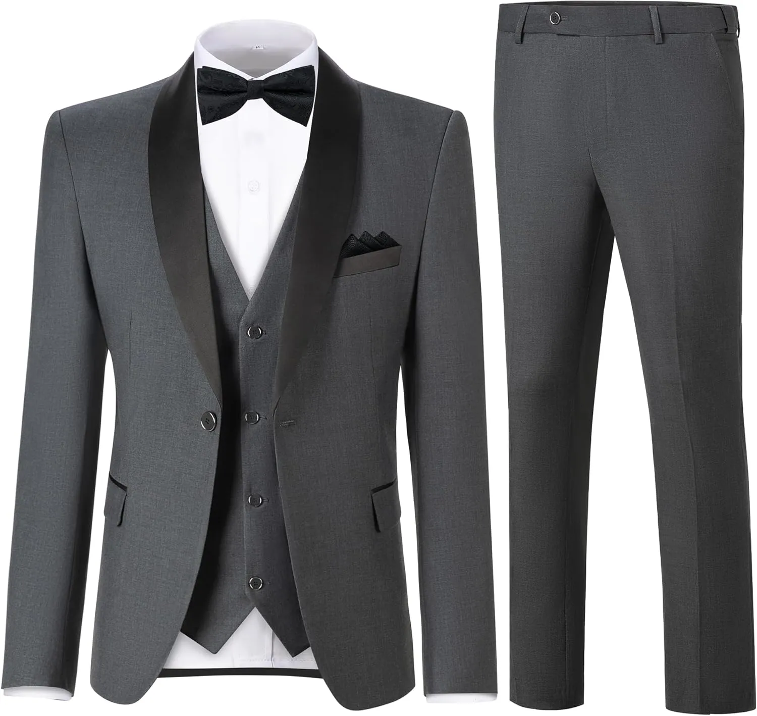 Men's 3 Piece Slim Fit Suit One Button Shawl Lapel Jacket Vest Pants Tuxedo Set with Bow Tie Pocket Square