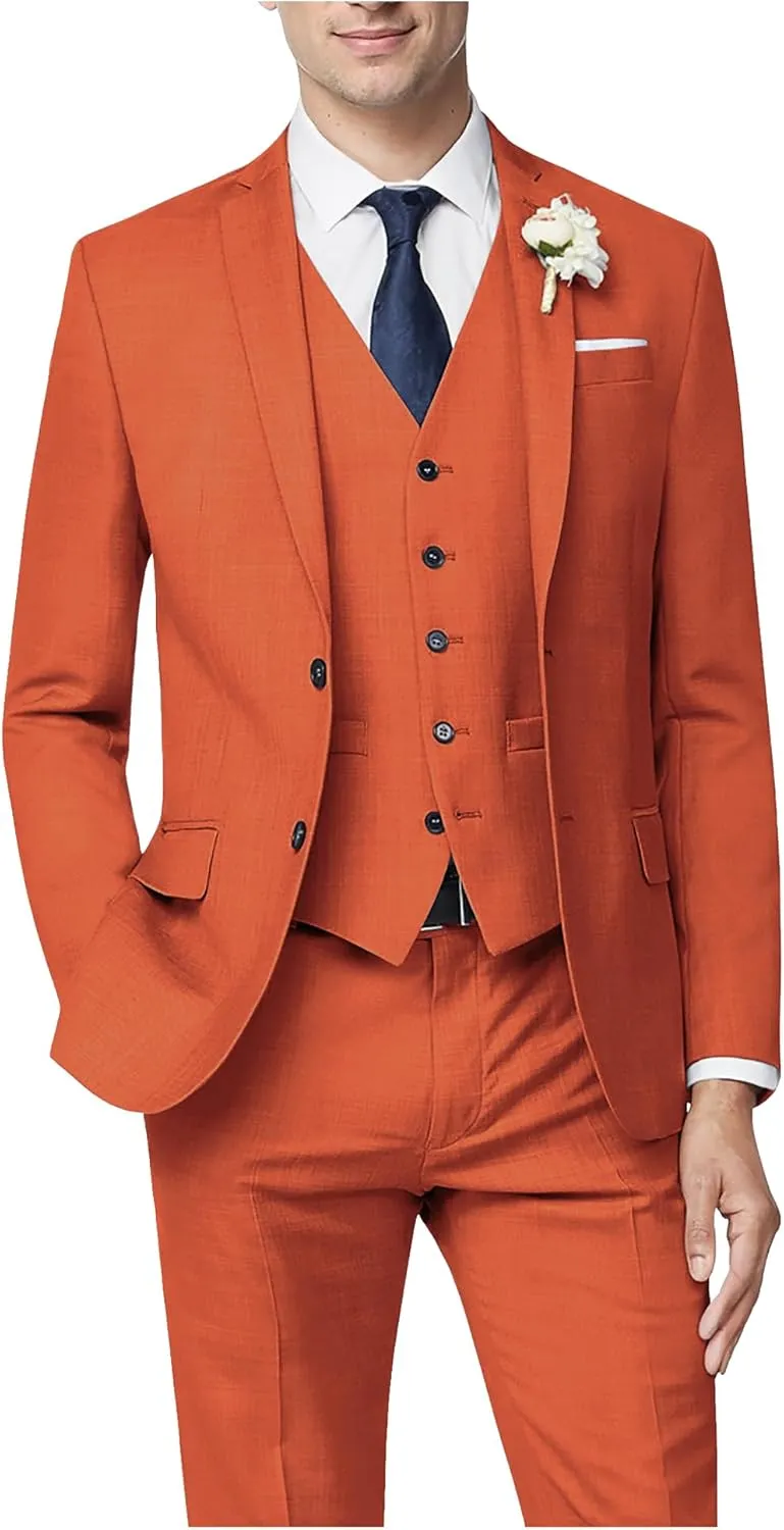 Men's 3 Piece Slim Fit Suit Set, Two Button Blazer Solid Suit Jacket Vest Pants Tuxedo Set for Wedding Prom