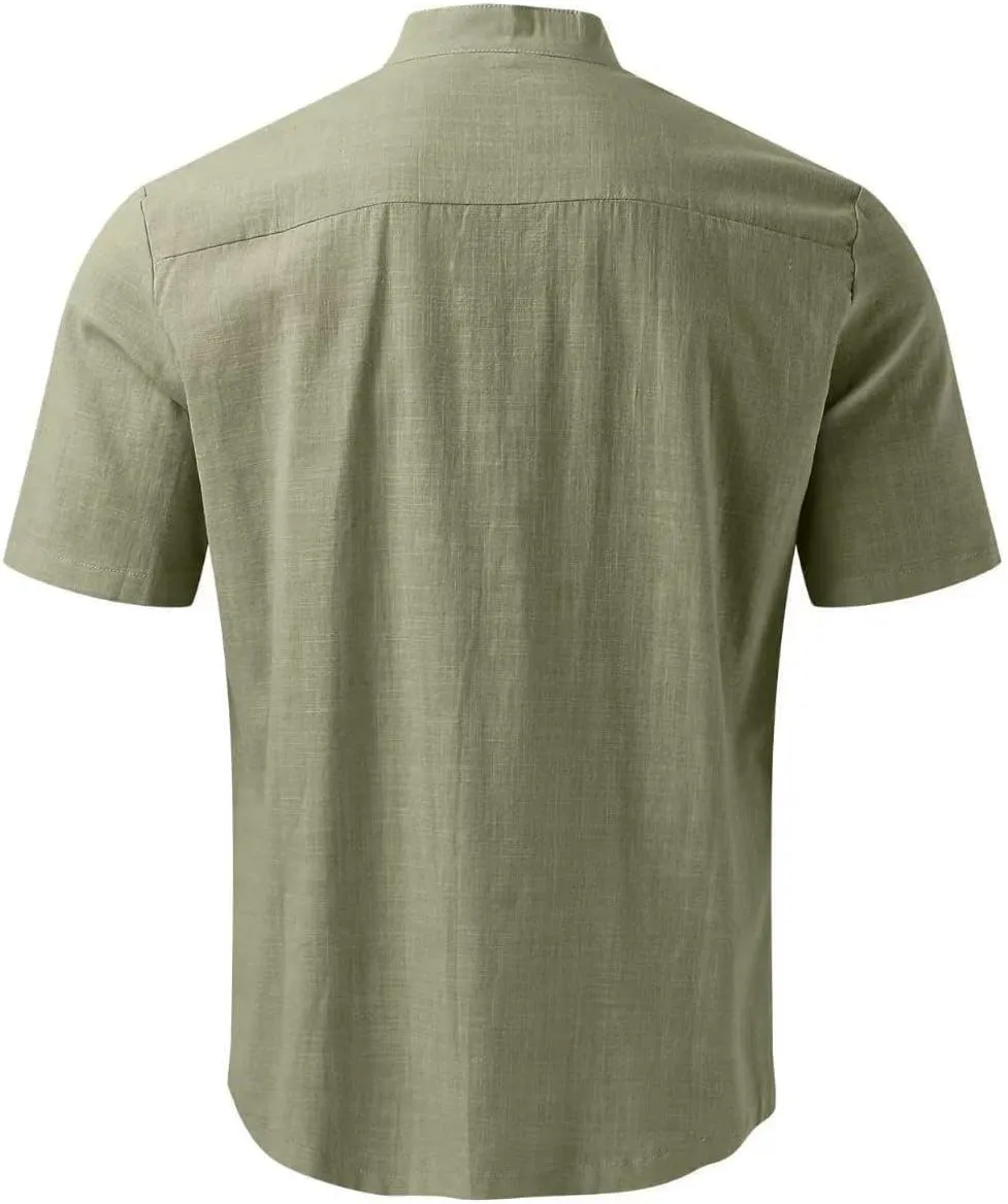 Mens Banded Collar Cotton Linen Shirts, Casual Short Sleeve Button Down Shirts Slim Fit Summer Beach Tops with Pocket