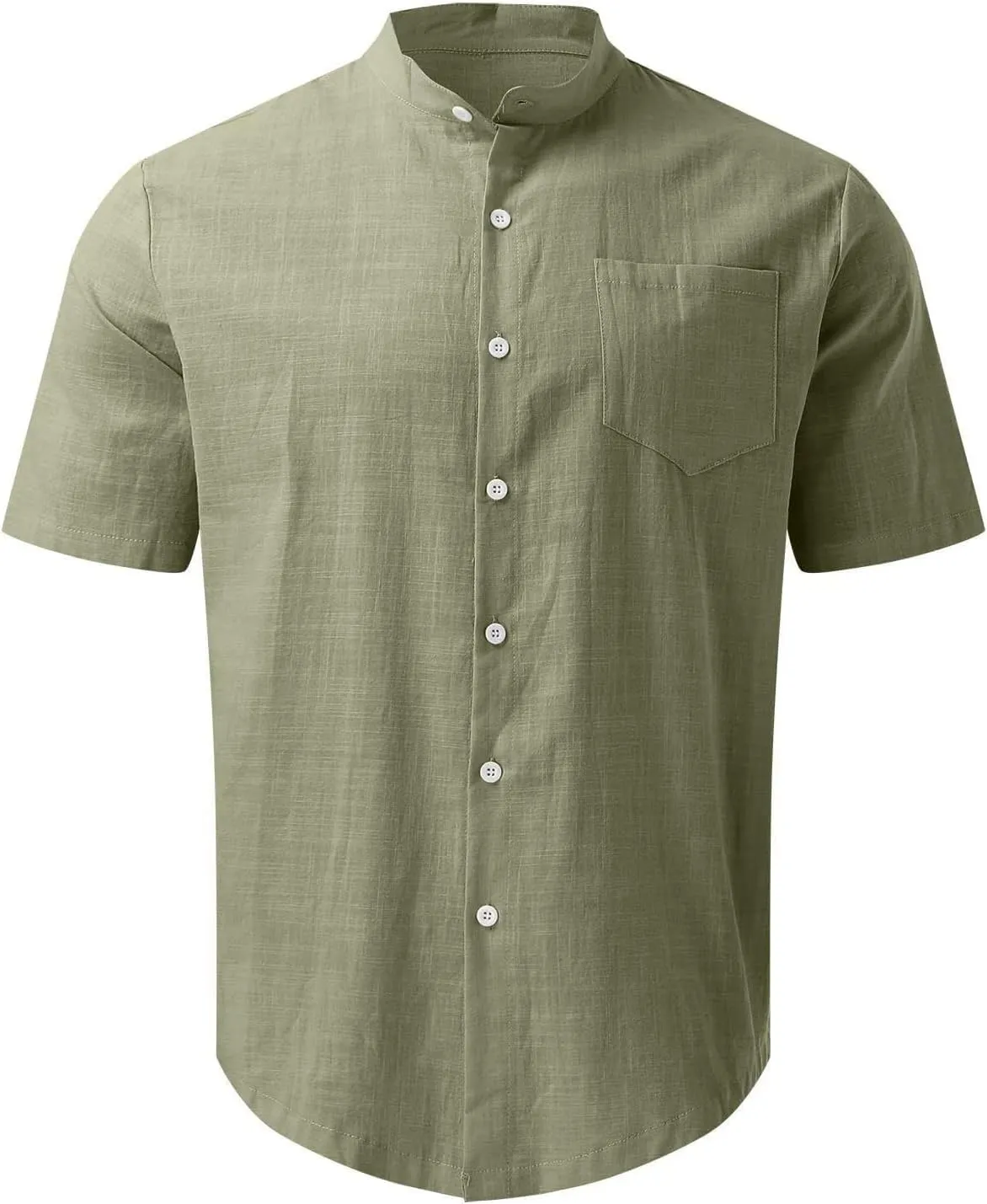 Mens Banded Collar Cotton Linen Shirts, Casual Short Sleeve Button Down Shirts Slim Fit Summer Beach Tops with Pocket