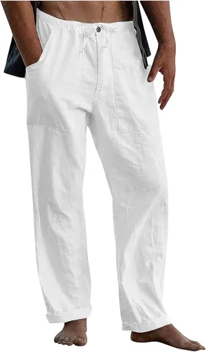 Mens Jogging Pants Men Dress Pants Loose Casual Solid Color Cotton Linen Trousers Elastic Tie Printed Straight Pants