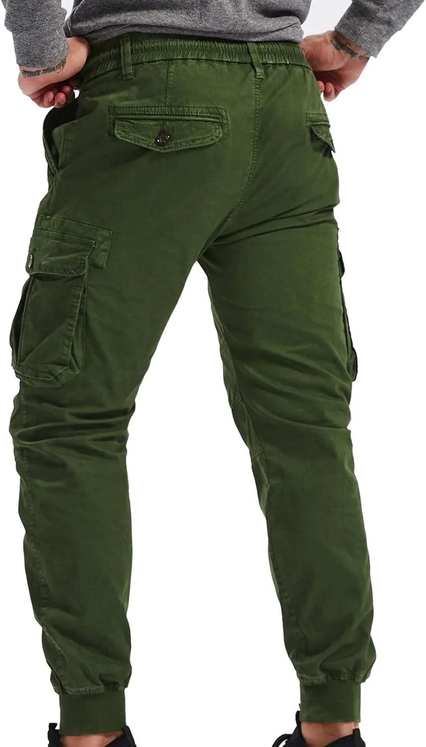 Mens Linen Pants Drawstring Buckle Zipper Cargo Pants Multi Pockets Solid Beam Feet Athletic Sweatpants Outdoor