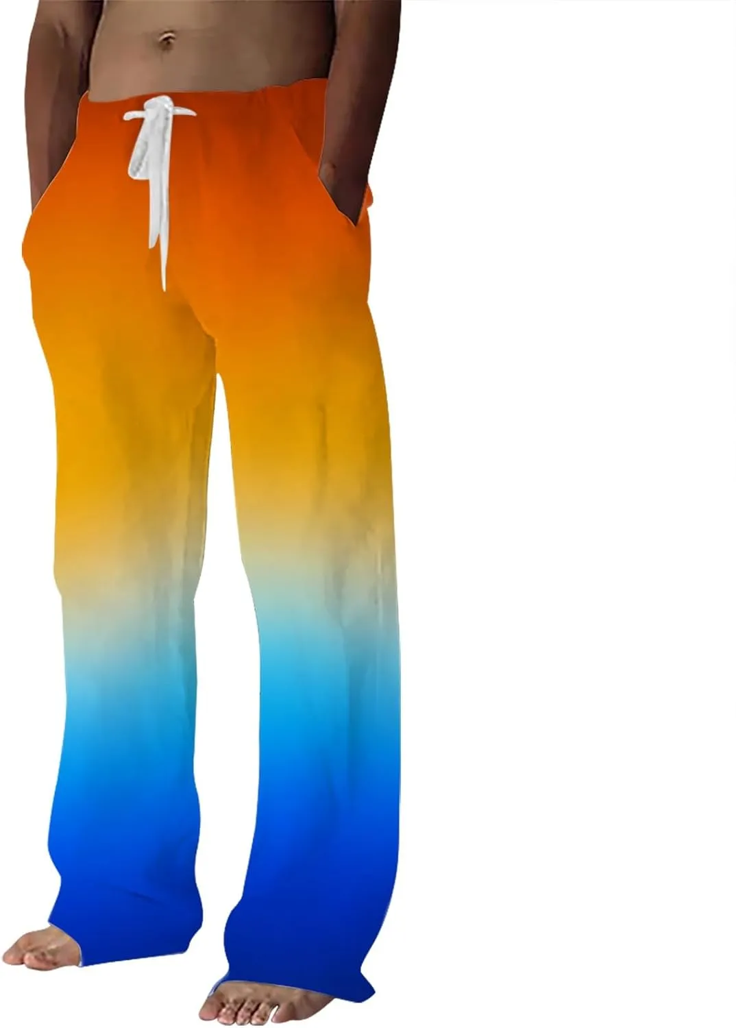 Mens Linen Pants Summer Casual Beach Yoga Pants Elastic Wasist Drawstring Lightweight Loose Trousers with Pockets