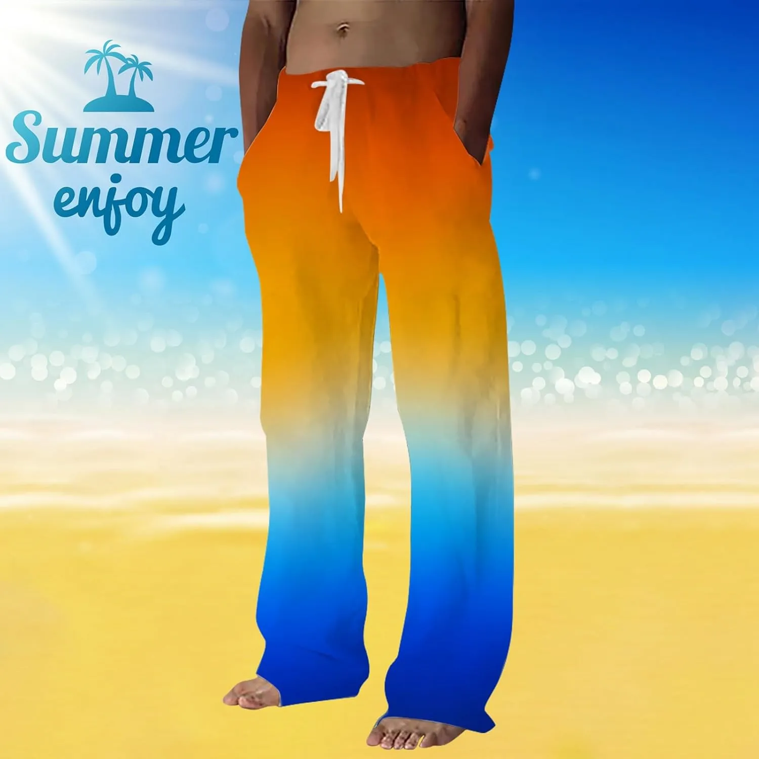 Mens Linen Pants Summer Casual Beach Yoga Pants Elastic Wasist Drawstring Lightweight Loose Trousers with Pockets