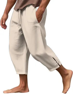 Mens Linen Yoga Pants Harem Capri 3/4 Shorts Sweatpants Jogger Pant Drawstring Elastic Waist Beach Boho Yoga Trousers