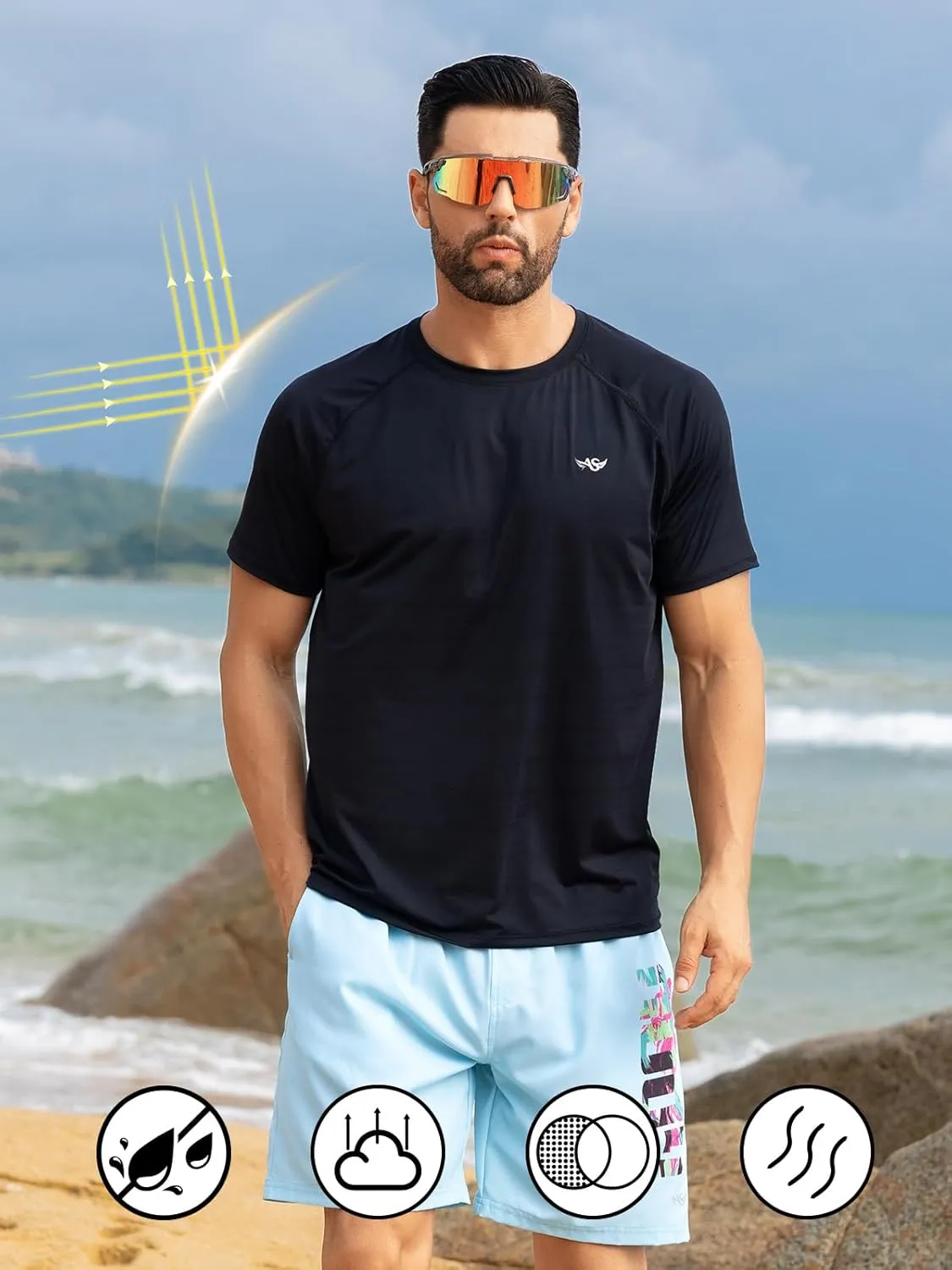 Men's Rash Guard Swim Shirts UPF 50  Short Sleeve Fishing Quick Dry Beach-Recommended Larger one