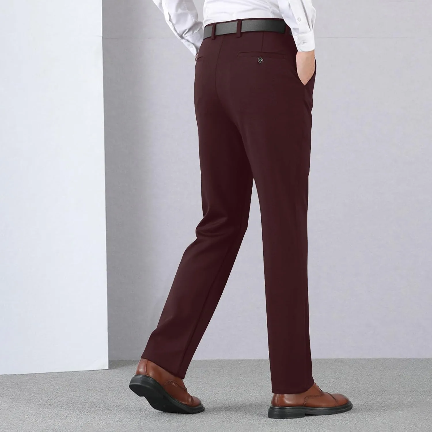 Men's Thicken Dress Pants Flat Front Slim Fit Business Work Pant Casual Straight Leg Suit Trousers with Pockets