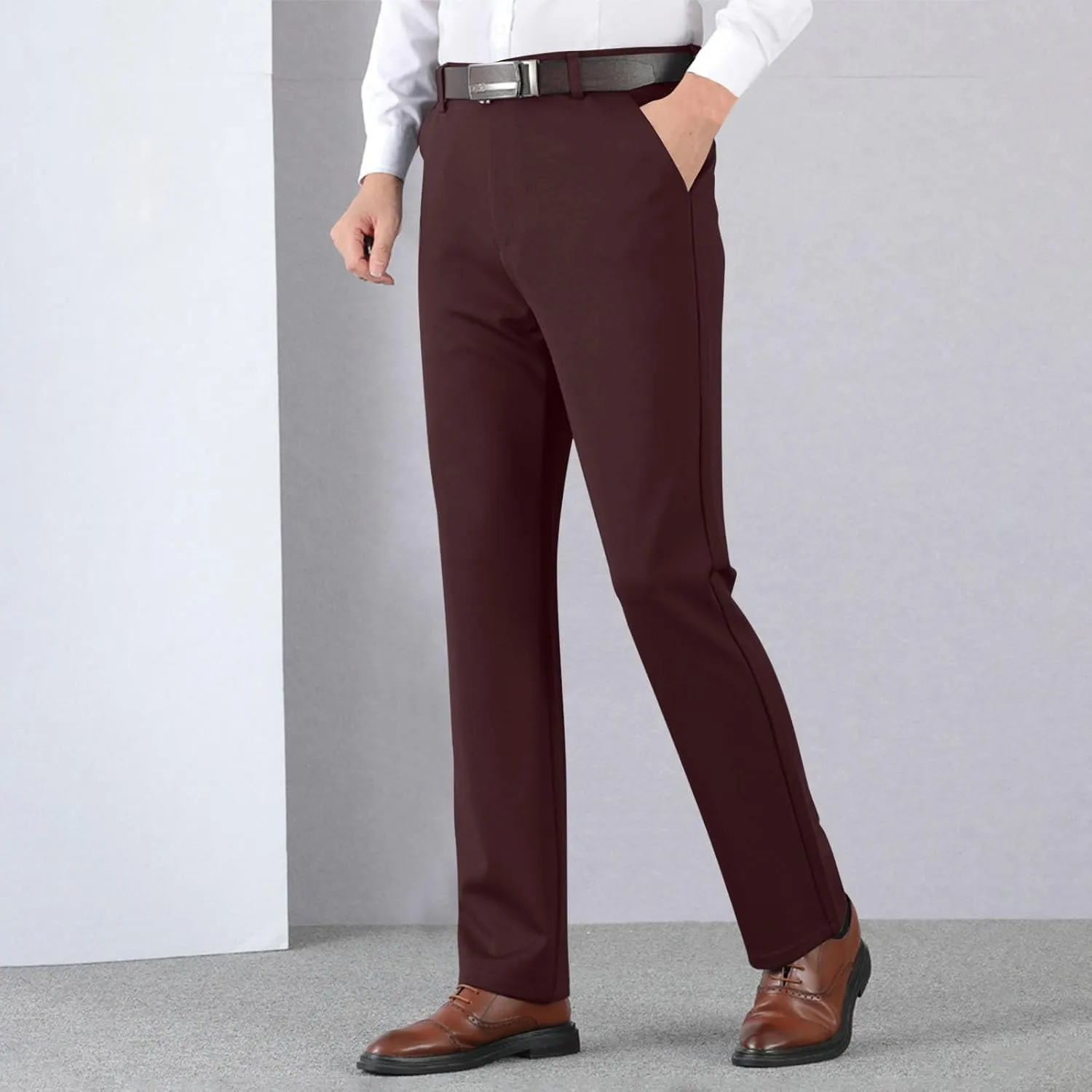 Men's Thicken Dress Pants Flat Front Slim Fit Business Work Pant Casual Straight Leg Suit Trousers with Pockets