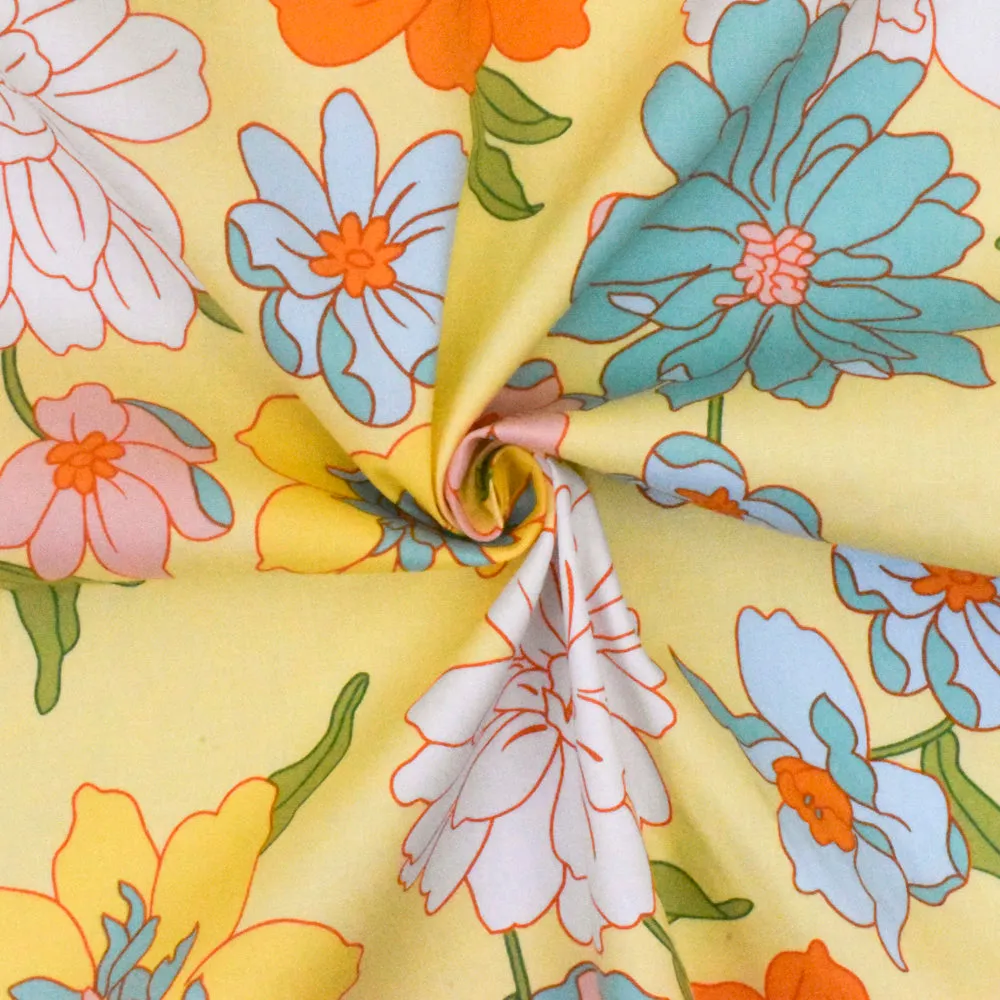 Milk Yellow-Pink-Multi Floral Printed Stretch Cotton Poplin Woven Fabric