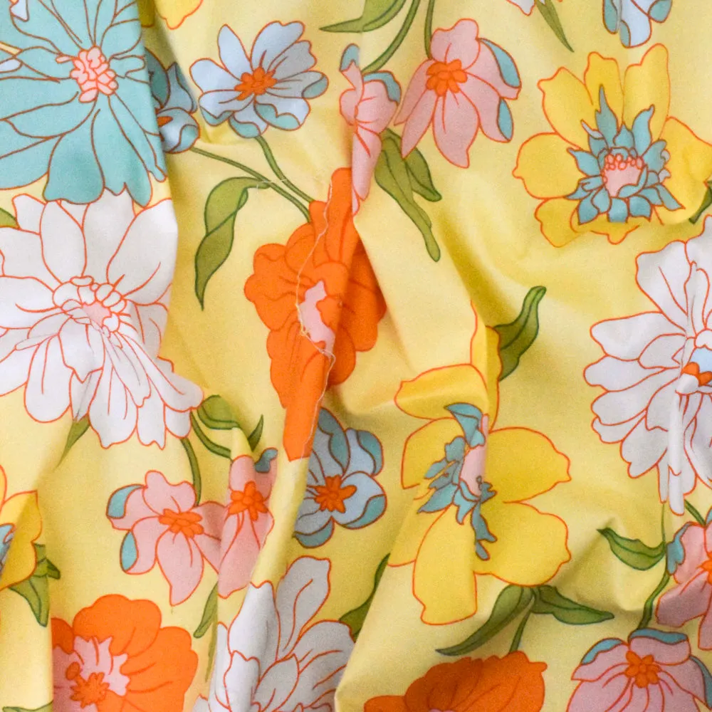 Milk Yellow-Pink-Multi Floral Printed Stretch Cotton Poplin Woven Fabric