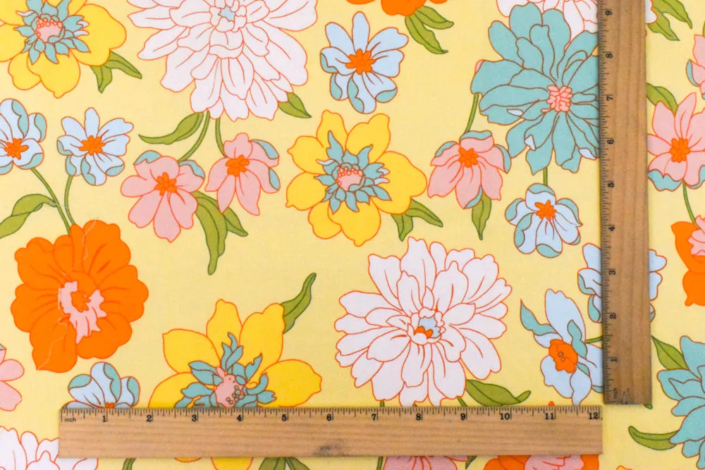 Milk Yellow-Pink-Multi Floral Printed Stretch Cotton Poplin Woven Fabric