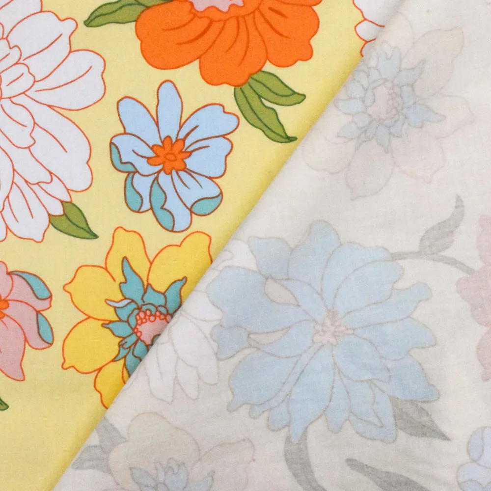 Milk Yellow-Pink-Multi Floral Printed Stretch Cotton Poplin Woven Fabric