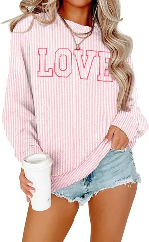 MNLYBABY Cute Love Heart Shirts Women Ribbed Textured Knit Casual Shirt Lightweight Valentines Sweatshirt Long Sleeve Top