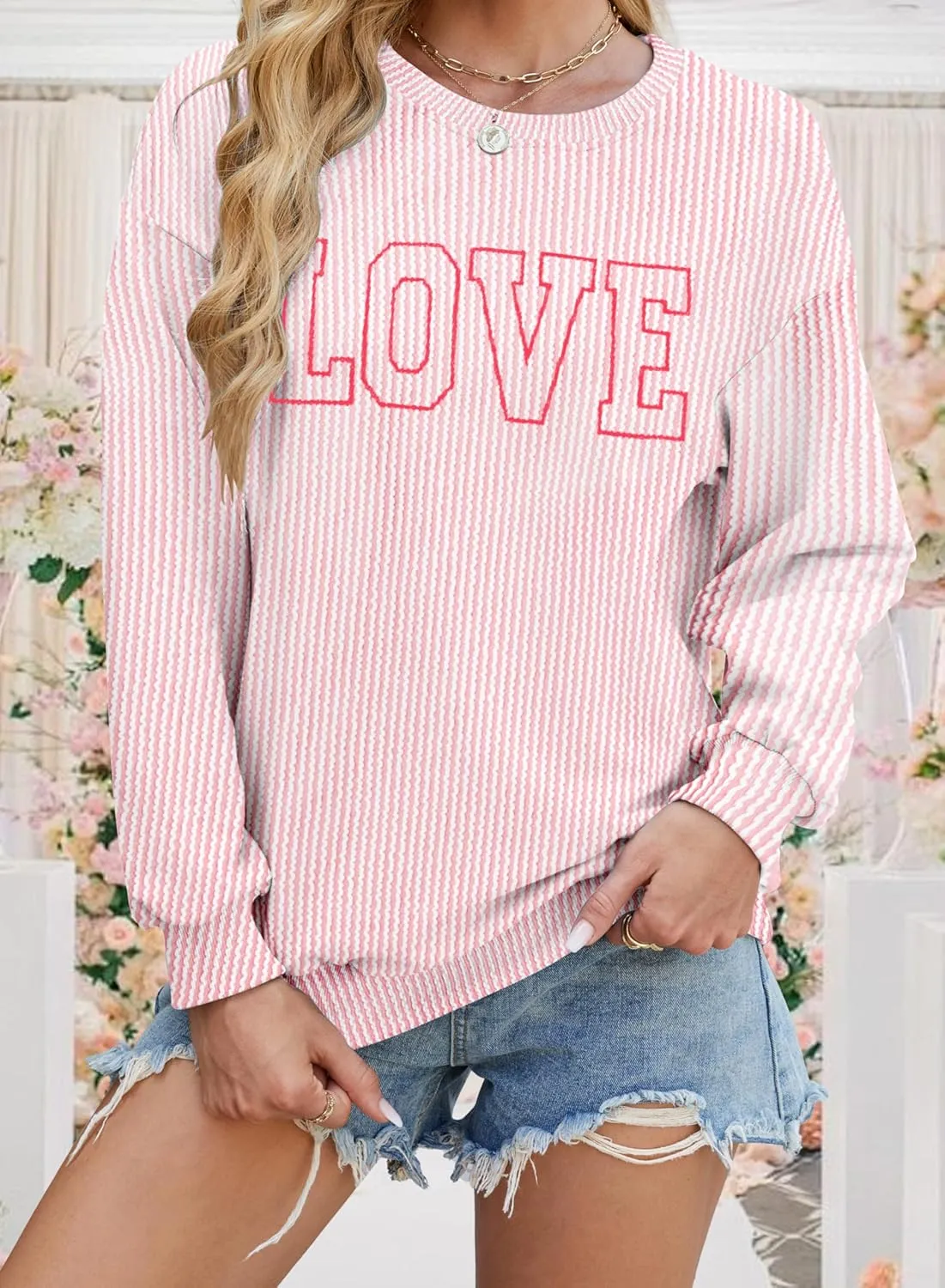 MNLYBABY Cute Love Heart Shirts Women Ribbed Textured Knit Casual Shirt Lightweight Valentines Sweatshirt Long Sleeve Top