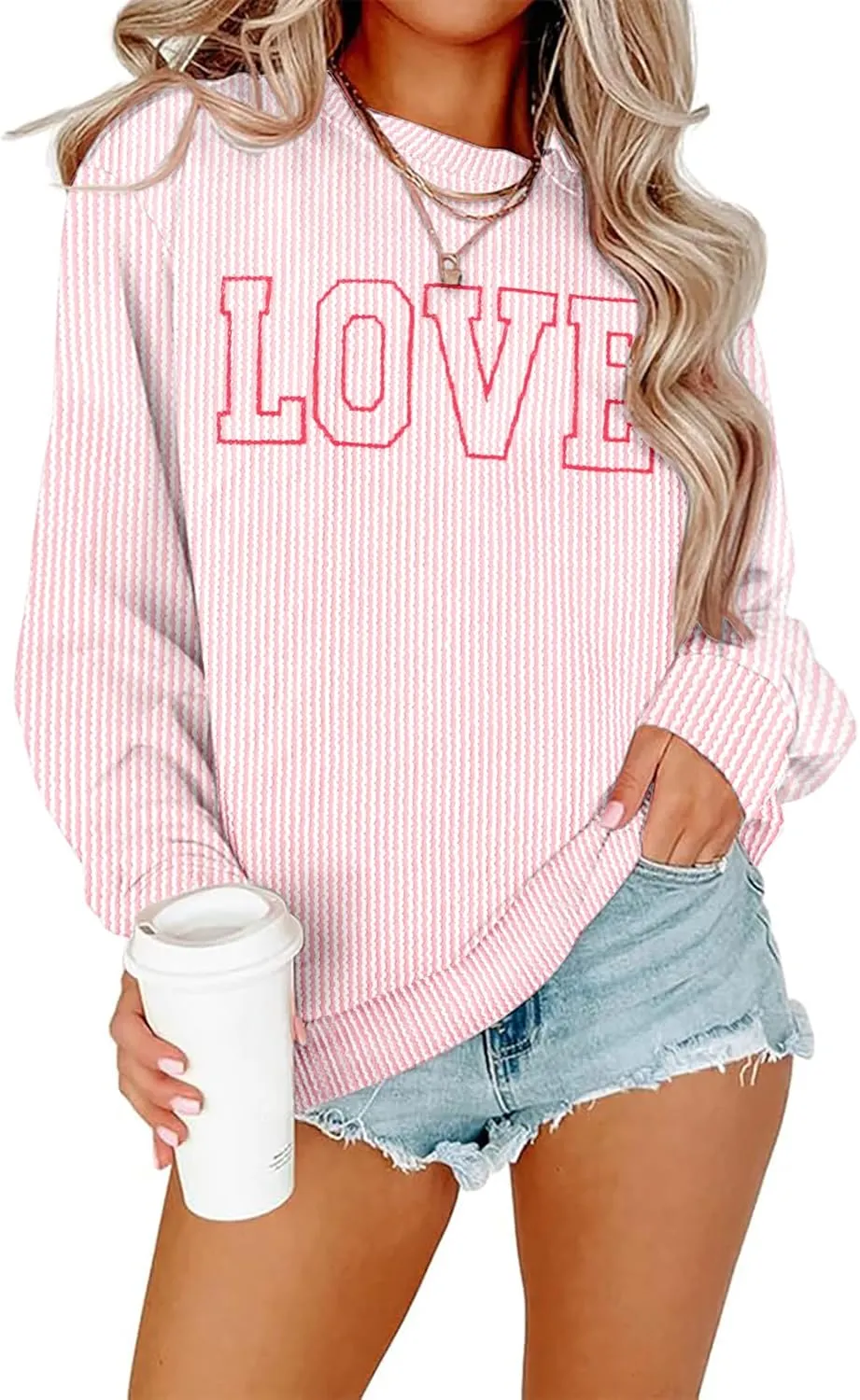 MNLYBABY Cute Love Heart Shirts Women Ribbed Textured Knit Casual Shirt Lightweight Valentines Sweatshirt Long Sleeve Top