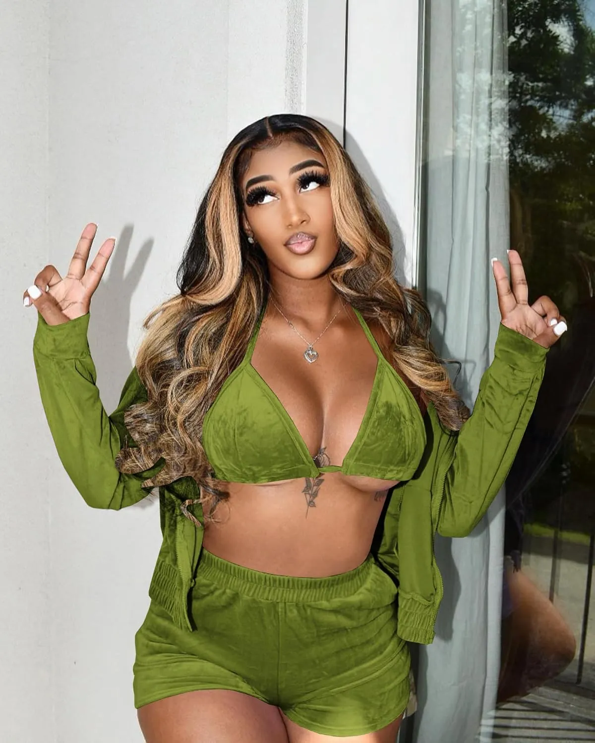 MOEENCN Women Sweatsuits Sets 3 Piece Outfits, Velvet Tracksuit Long Sleeve Hooded Zipper Jacket and Velvet Shorts Send Bra