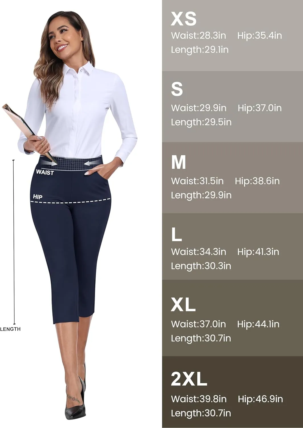 MoFiz Women's Capri Pants Summer Pull-On Stretch Straight Leg Golf Yoga & Business Casual Dressy Cropped Pants with Pockets