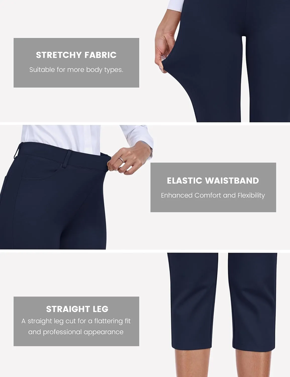 MoFiz Women's Capri Pants Summer Pull-On Stretch Straight Leg Golf Yoga & Business Casual Dressy Cropped Pants with Pockets
