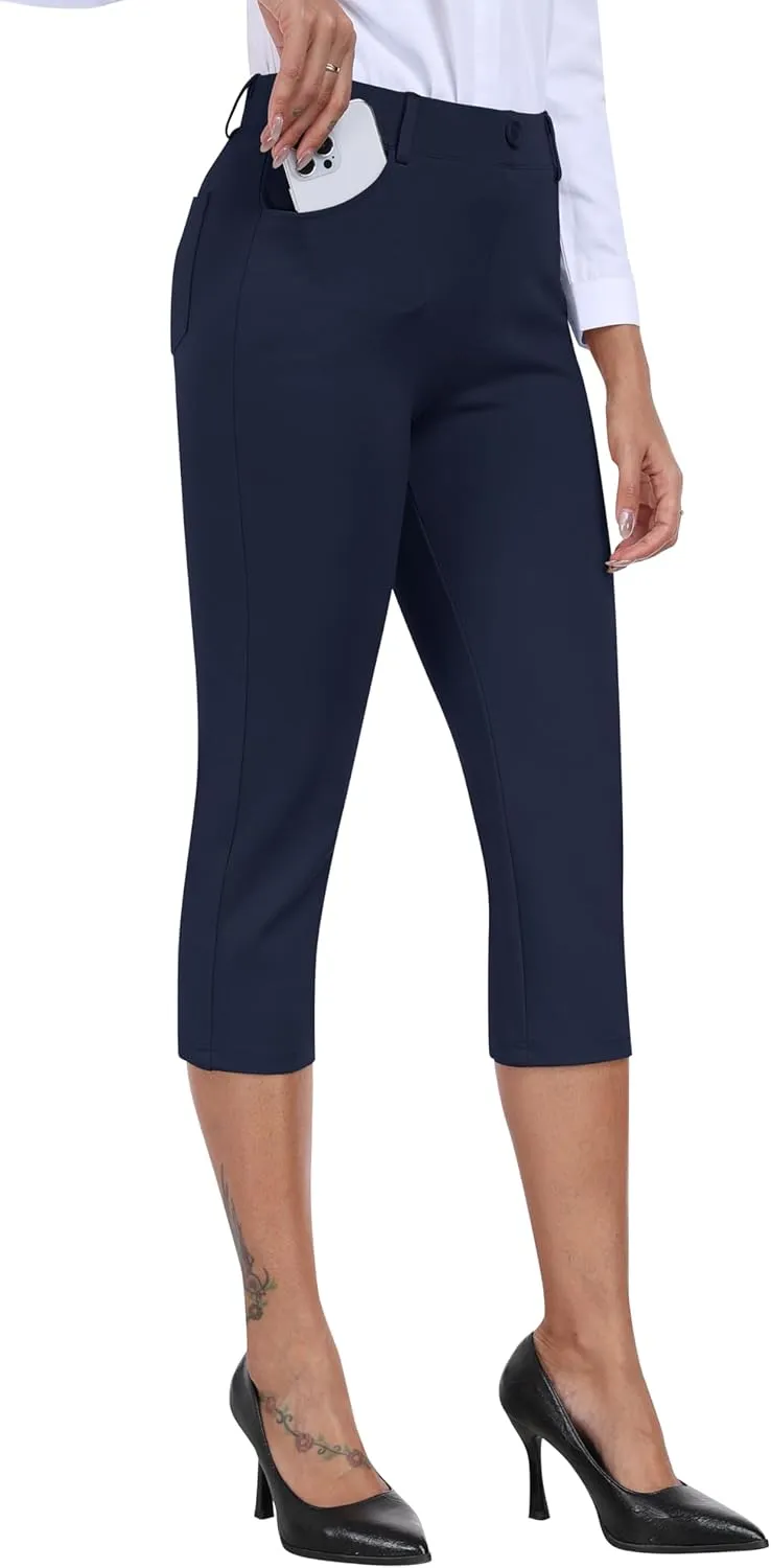 MoFiz Women's Capri Pants Summer Pull-On Stretch Straight Leg Golf Yoga & Business Casual Dressy Cropped Pants with Pockets