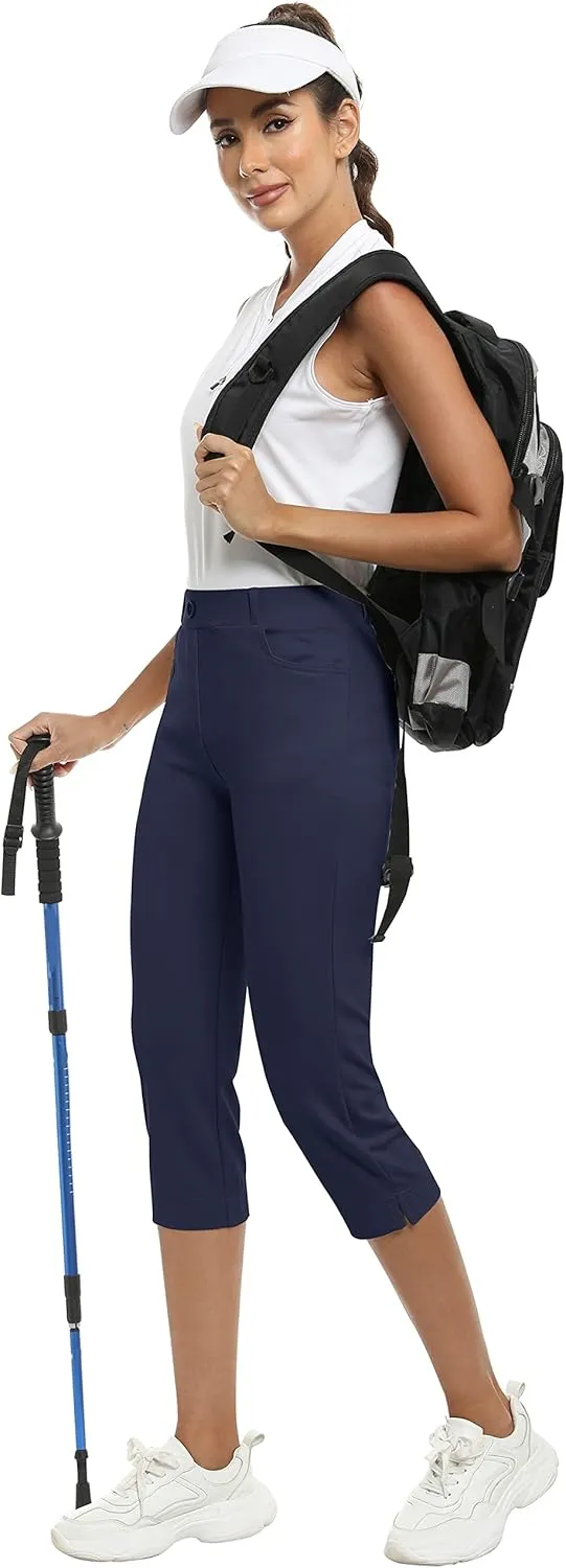 MoFiz Women's Capri Pants Summer Pull-On Stretch Straight Leg Golf Yoga & Business Casual Dressy Cropped Pants with Pockets