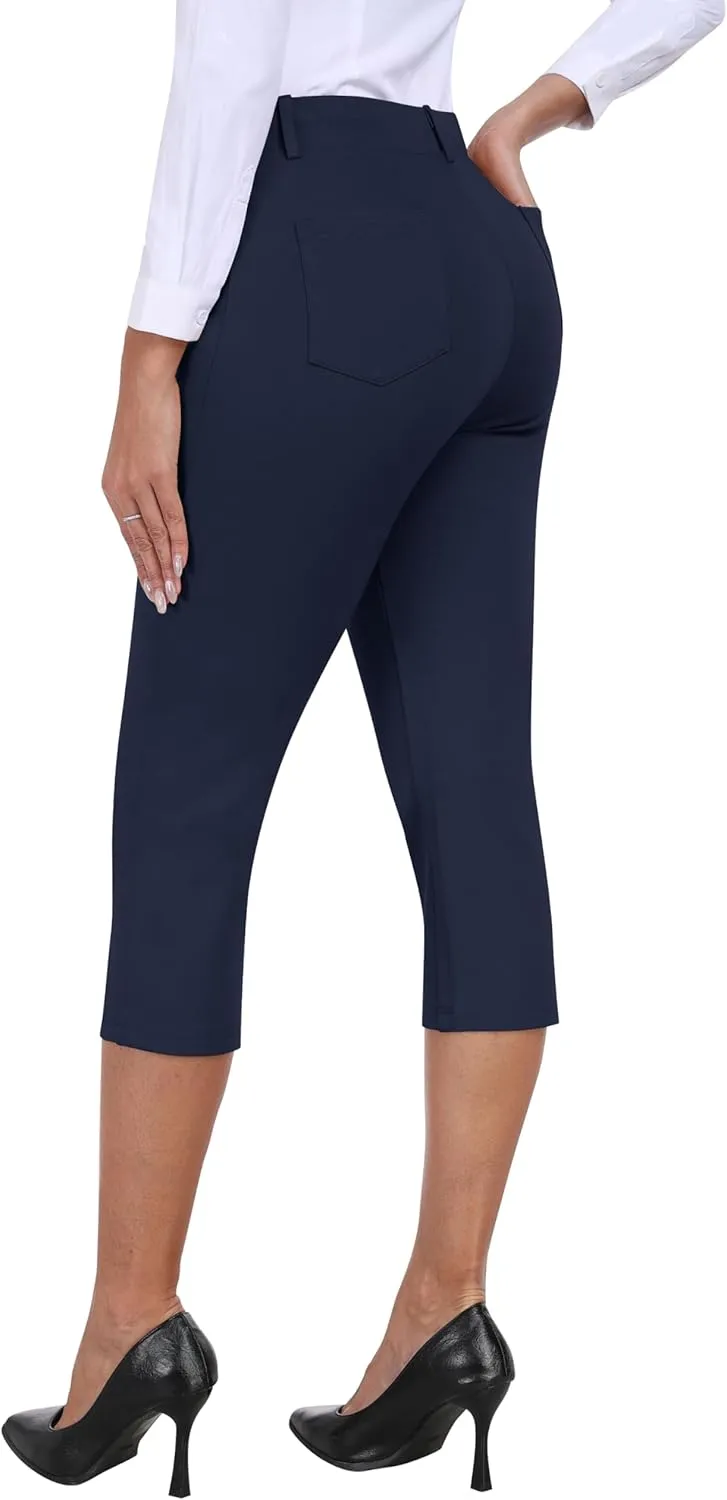 MoFiz Women's Capri Pants Summer Pull-On Stretch Straight Leg Golf Yoga & Business Casual Dressy Cropped Pants with Pockets