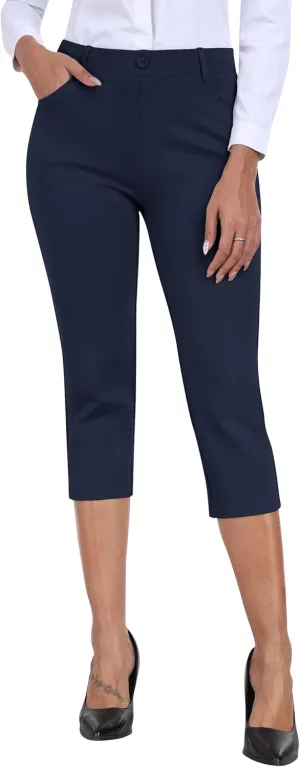 MoFiz Women's Capri Pants Summer Pull-On Stretch Straight Leg Golf Yoga & Business Casual Dressy Cropped Pants with Pockets