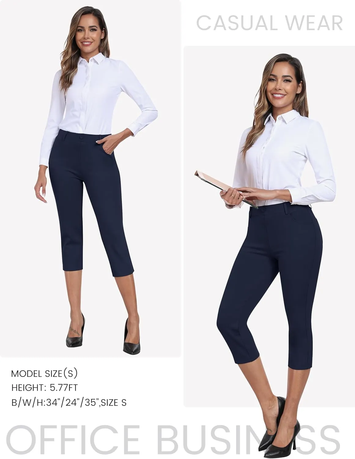 MoFiz Women's Capri Pants Summer Pull-On Stretch Straight Leg Golf Yoga & Business Casual Dressy Cropped Pants with Pockets