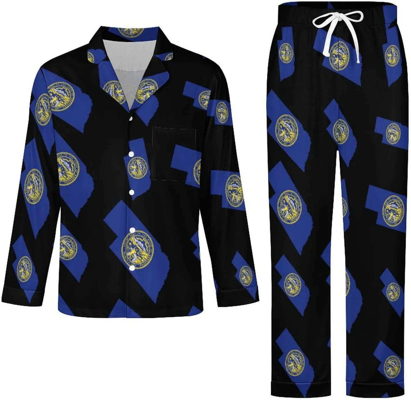 Nebraska State Flag Map 2 PCS Men Pajama Set Long Sleeve Button-down Shirts Tops & Sleep Pants Loungewear
