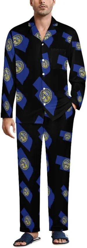 Nebraska State Flag Map 2 PCS Men Pajama Set Long Sleeve Button-down Shirts Tops & Sleep Pants Loungewear
