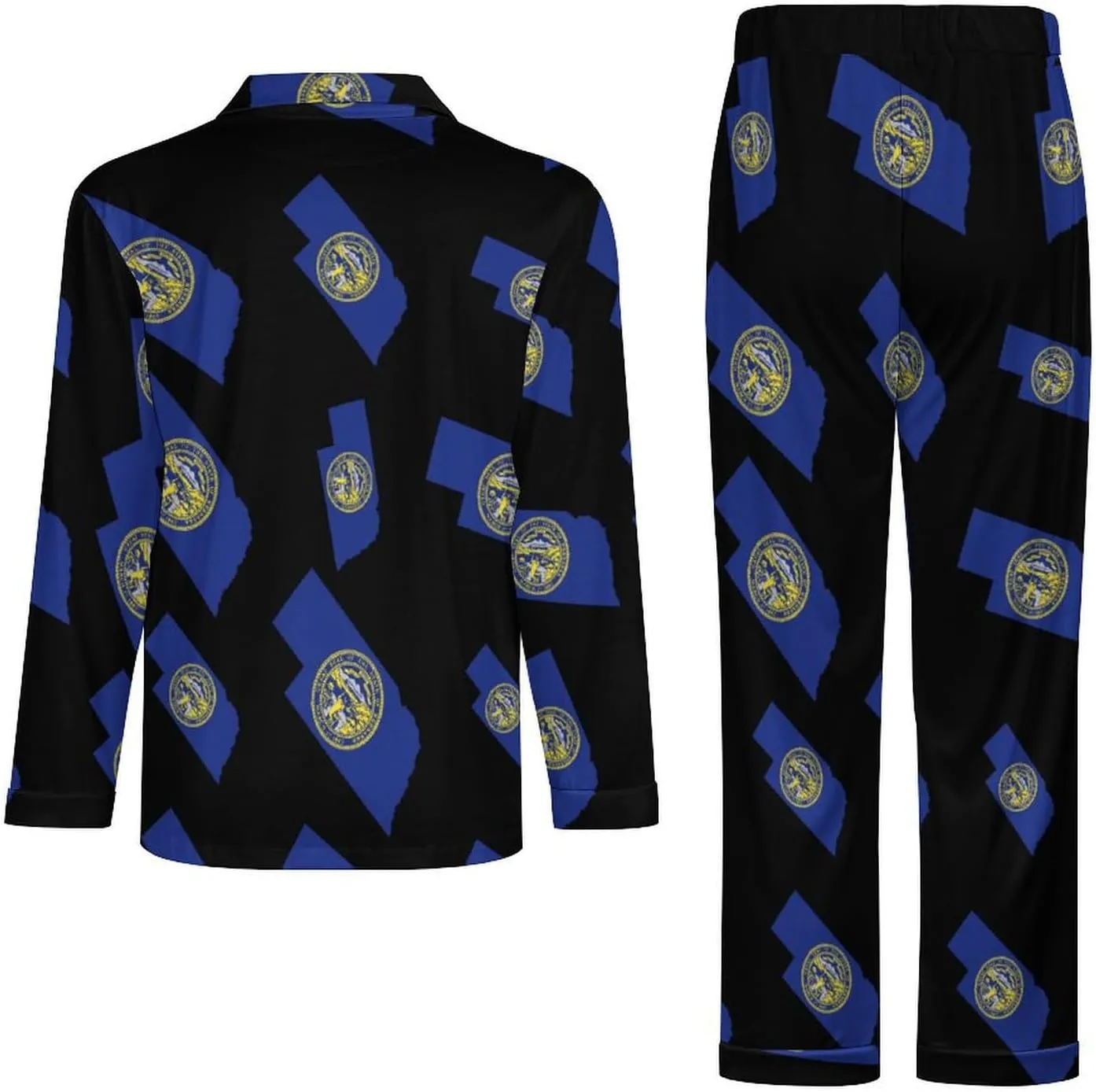 Nebraska State Flag Map 2 PCS Men Pajama Set Long Sleeve Button-down Shirts Tops & Sleep Pants Loungewear