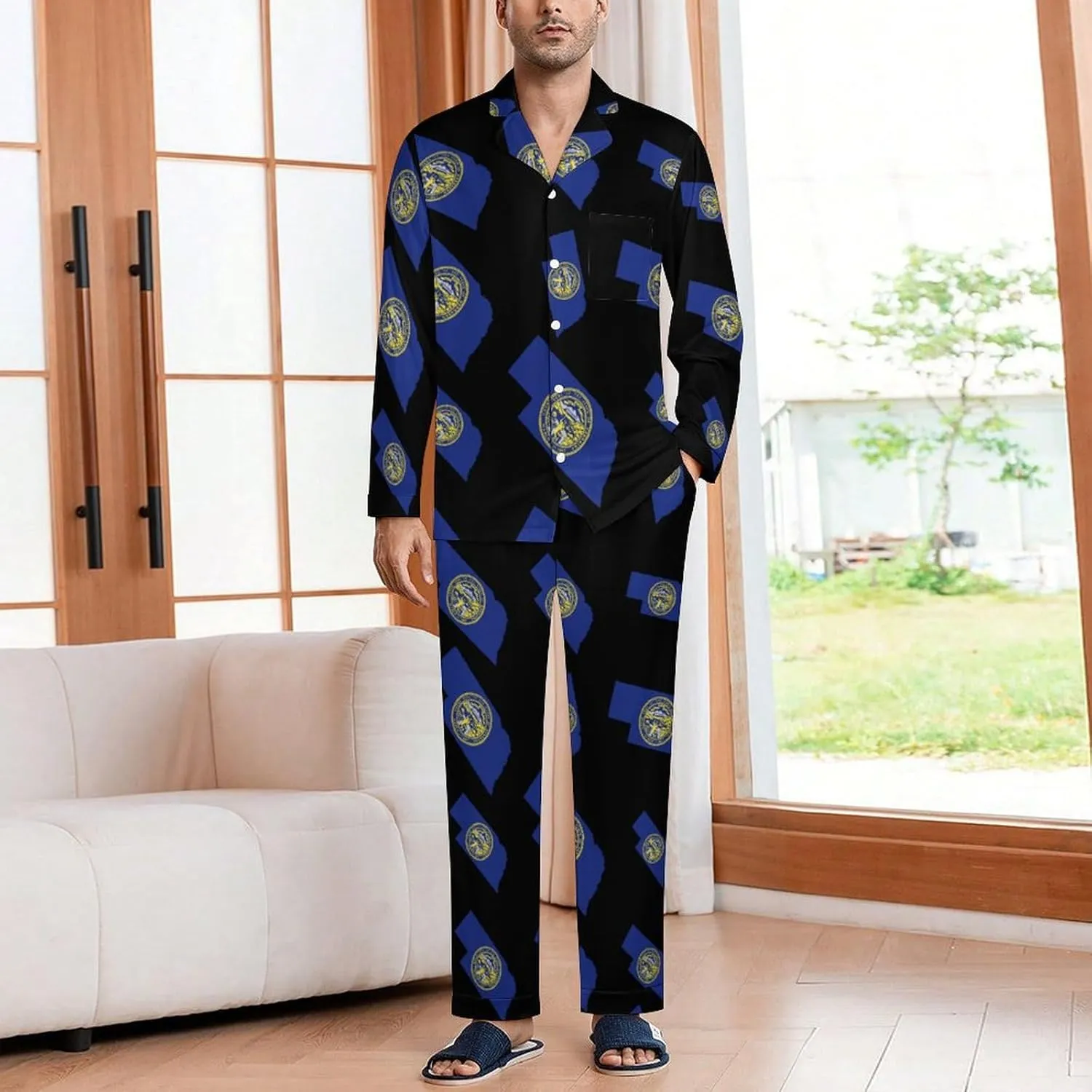 Nebraska State Flag Map 2 PCS Men Pajama Set Long Sleeve Button-down Shirts Tops & Sleep Pants Loungewear