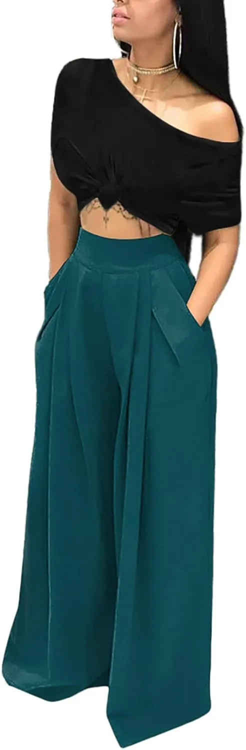 NRTHYE Womens Palazzo Long Pants High Waist Wide Leg Stretchy Loose Fit Casual Trousers with Pocket