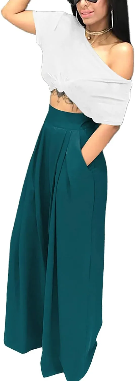 NRTHYE Womens Palazzo Long Pants High Waist Wide Leg Stretchy Loose Fit Casual Trousers with Pocket
