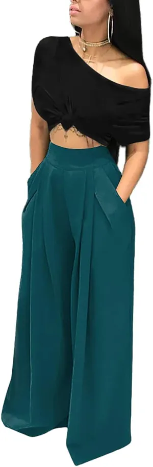 NRTHYE Womens Palazzo Long Pants High Waist Wide Leg Stretchy Loose Fit Casual Trousers with Pocket