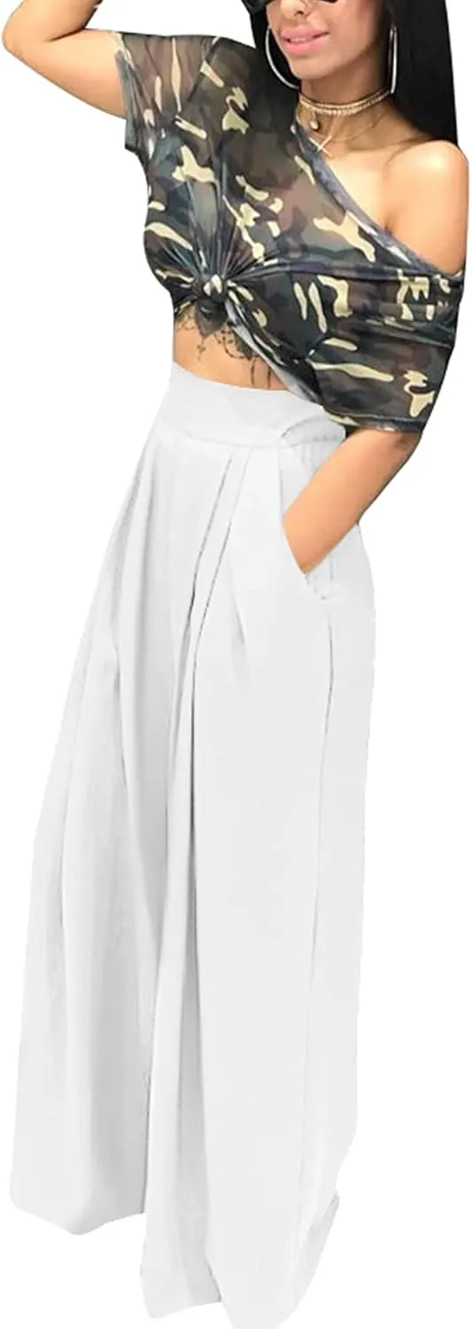 NRTHYE Womens Palazzo Long Pants High Waist Wide Leg Stretchy Loose Fit Casual Trousers with Pocket