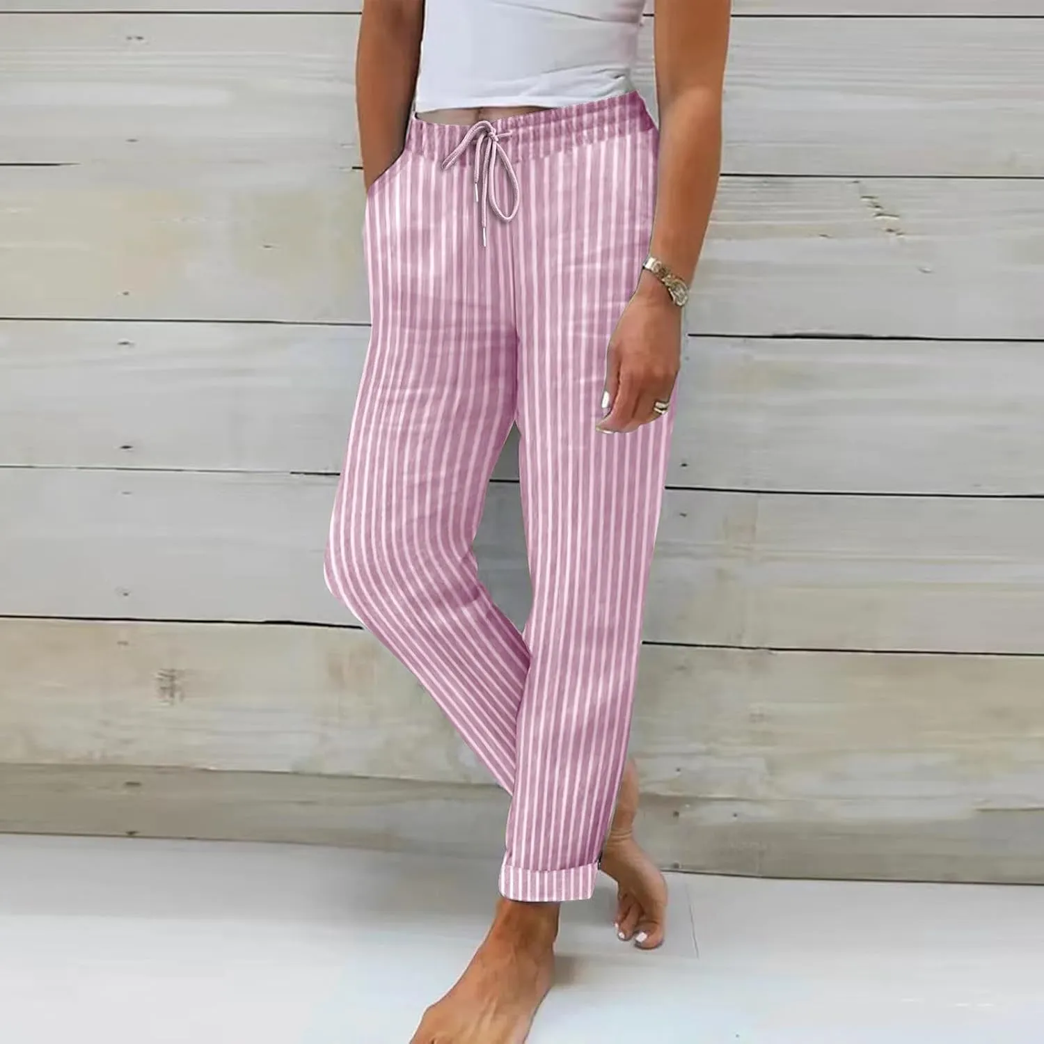 Oplxuo Cotton Linen Pants for Women Casual Straight Leg Elastic Waist Trousers Stripe Print Beach Summer Pants with Pockets
